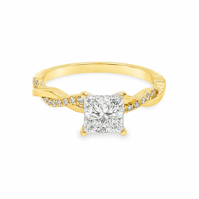 Yellow gold engagement ring with princess cut diamond and twisted diamond-accented band.