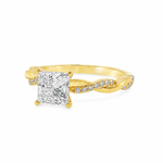 Yellow gold engagement ring with princess cut diamond and twisted band accented with small diamonds.