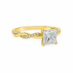 Yellow gold engagement ring with princess cut diamond and diamond-accented twisted band.