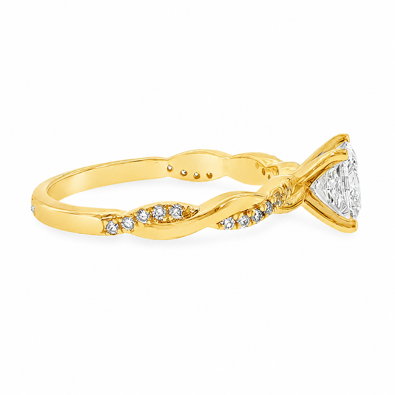 Yellow gold engagement ring with princess cut center diamond and twisted diamond-accented band.