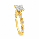 Yellow gold engagement ring with princess cut diamond and twisted diamond-accented band.
