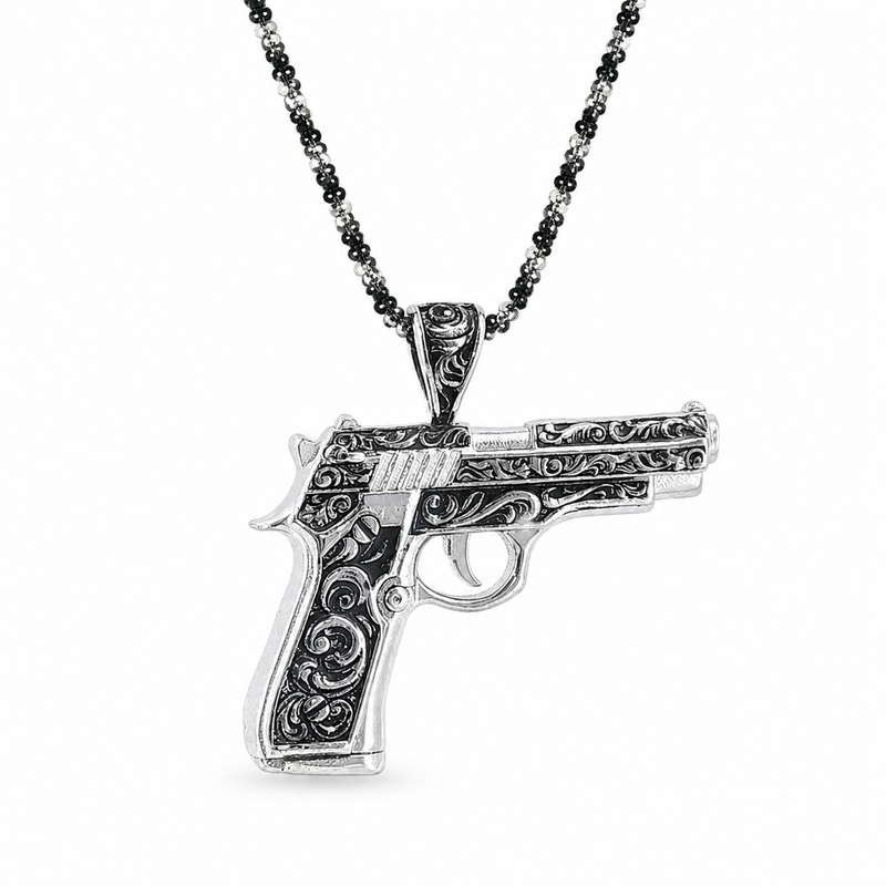 .925 Silver Floral Pistol Pendant & Oreo Rope chain Set  71340
