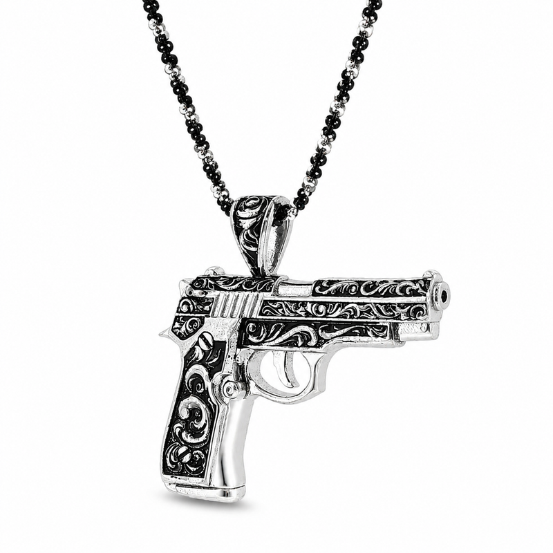.925 Silver Floral Pistol Pendant & Oreo Rope chain Set  71340