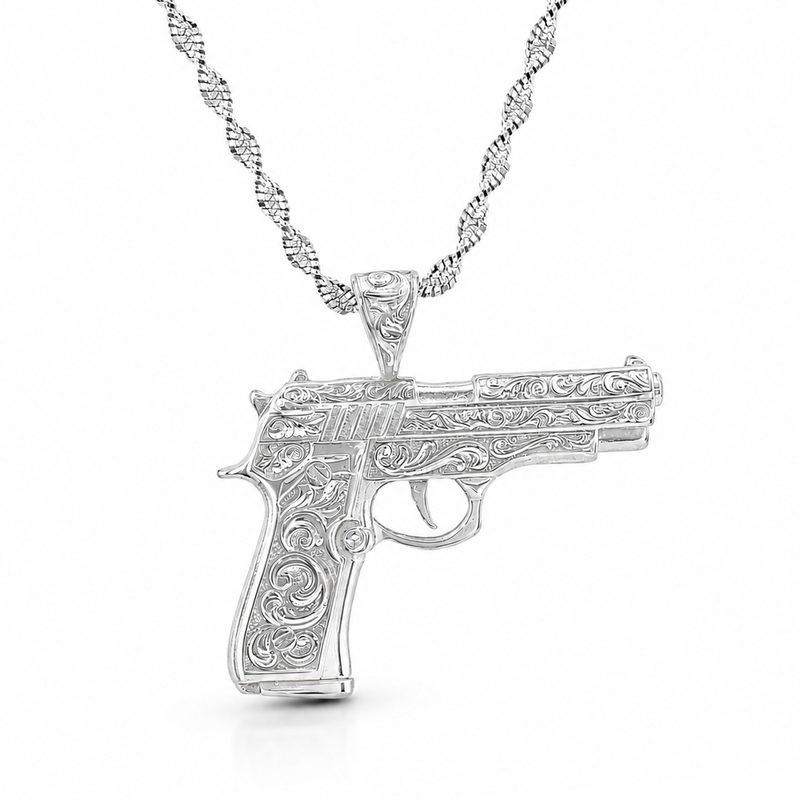 .925 Silver Floral Pistol Pendant & Oreo Rope chain Set  71340