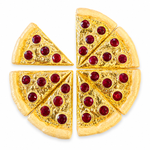 Yellow gold pendant shaped like a pizza pie with eight detachable slices and red gemstone toppings.