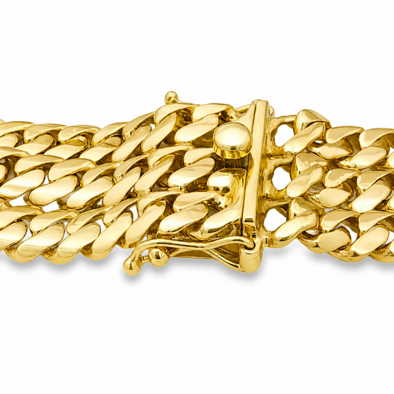 14K yellow gold men's bracelet with thick interlocking links and a secure clasp closure.