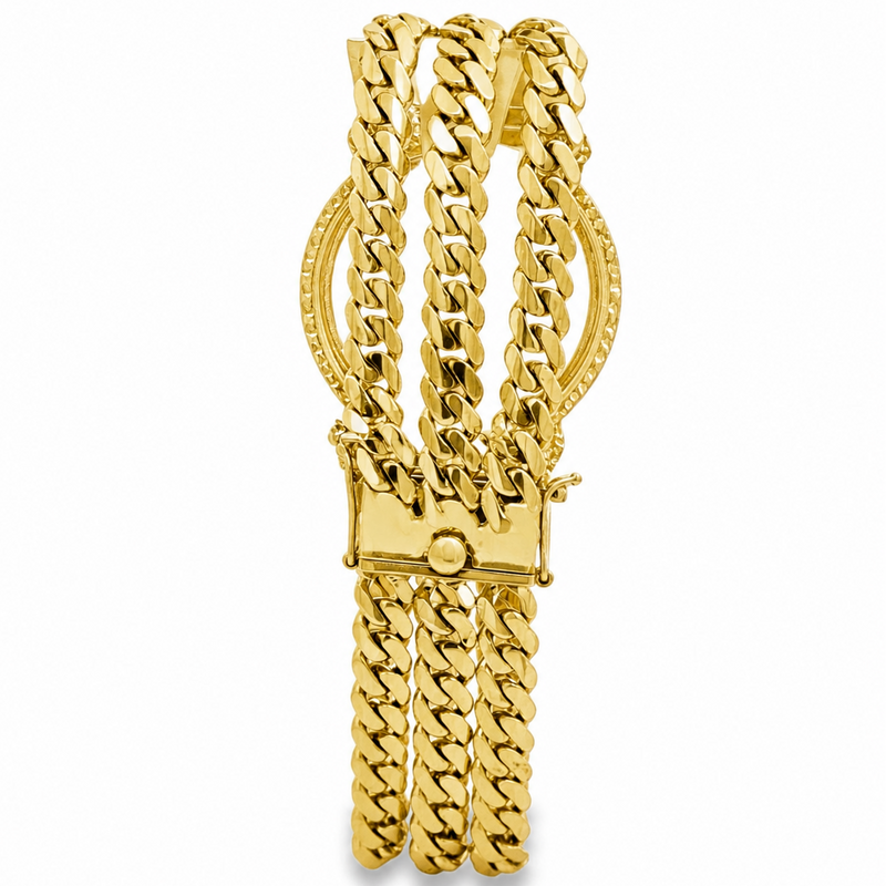 14K Euro gold men’s bracelet with triple curb chain links and secure clasp in polished finish.