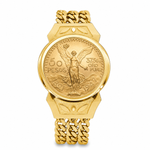 14K yellow gold men's bracelet with coin centerpiece and triple Cuban link chain.