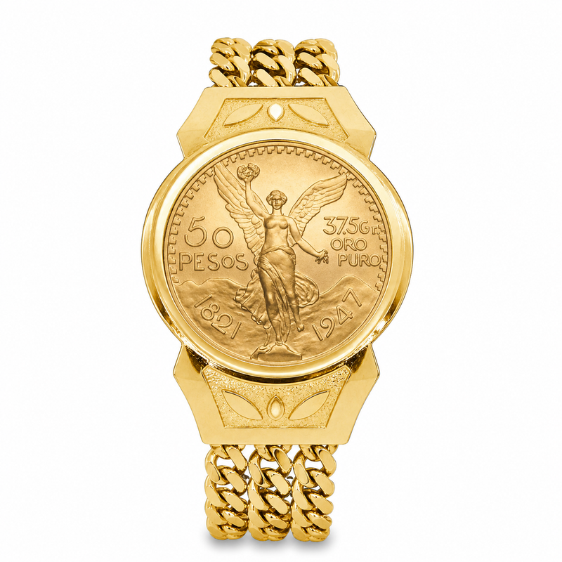 14K yellow gold men's bracelet with coin centerpiece and triple Cuban link chain.