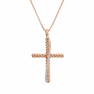 14K Gold Twisted  Diamond Rope Cross Pendant Set 66615