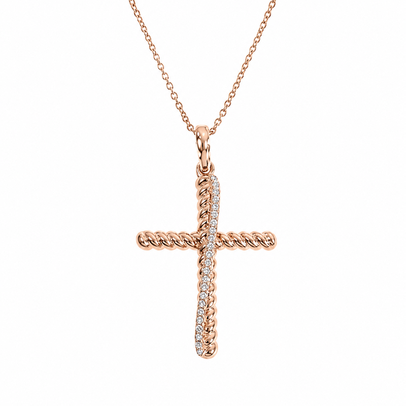 14K Gold Twisted  Diamond Rope Cross Pendant Set 66615