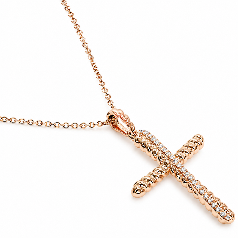 14K Gold Twisted  Diamond Rope Cross Pendant Set 66615