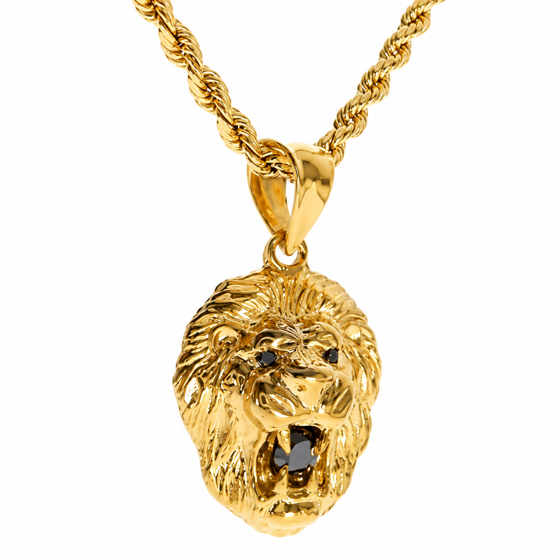 TraxNYC Black Diamond Lion Pendant and Rope Chain Set  61557