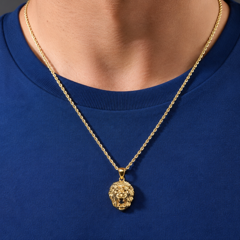 TraxNYC Black Diamond Lion Pendant and Rope Chain Set 61557 | TraxNYC