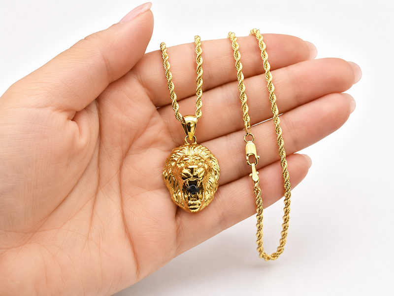 TraxNYC Black Diamond Lion Pendant and Rope Chain Set in 10K gold, view 5