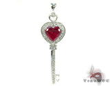14K Gold Synthetic Vivid Red Ruby Heart Key Pendant 25107