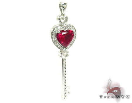 Synthetic Vivid Red Ruby Heart Key Pendant 25107 - Image 2