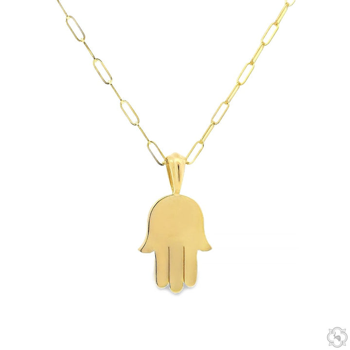 Gold Hamsa hand pendant necklace with delicate elongated chain links.