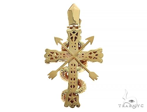 Yellow gold cross pendant with detailed cobra and arrow accents, men's jewelry design