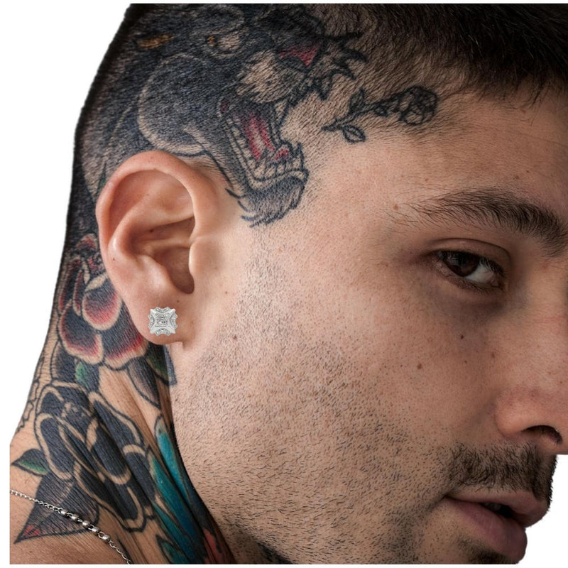 White 10K gold men's diamond cluster earrings with prong-set round cut stones.