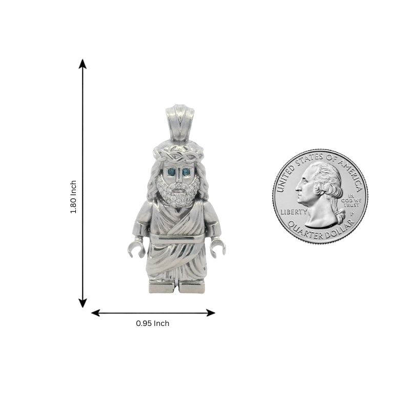 Silver TraxNYC Jesus pendant with blue diamond eyes on anchor cable chain.