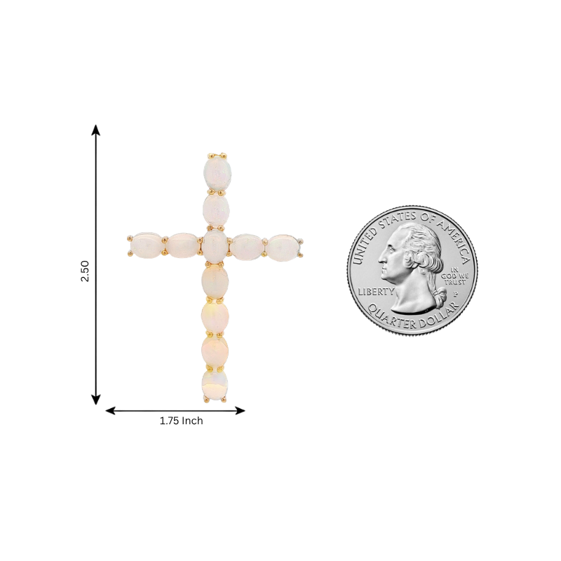 Opal cross pendant with oval gemstones set in gold-tone prongs, measuring 2 by 1.75 inches