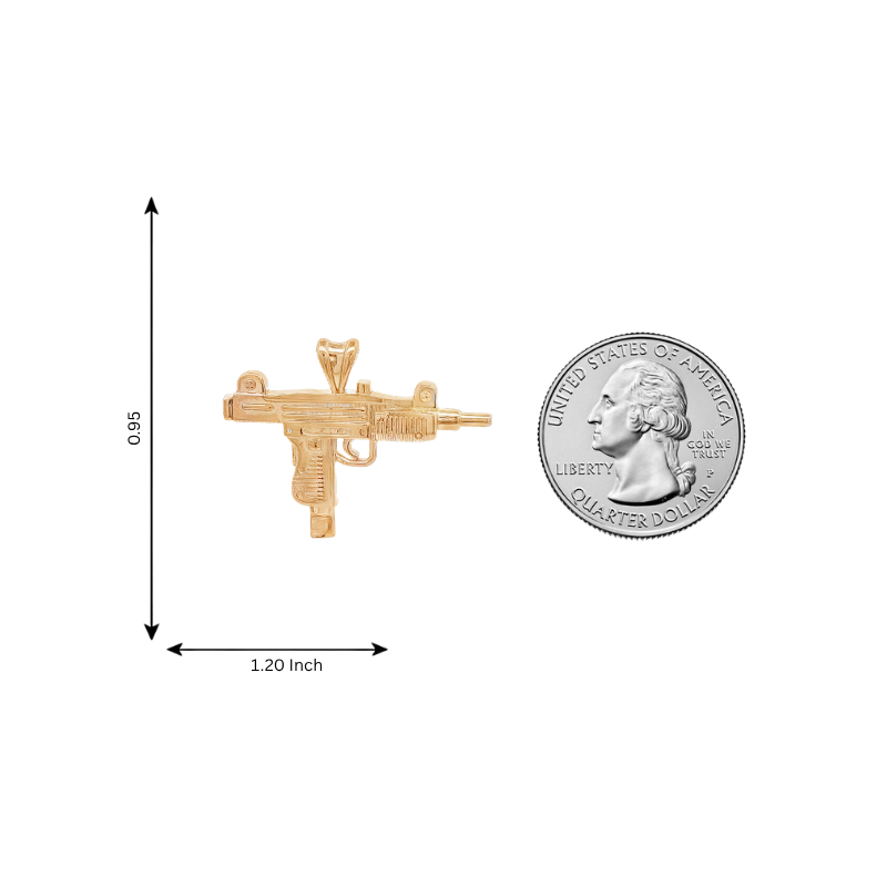 14K gold pendant shaped like a small Uzi gun, detailed and polished finish.