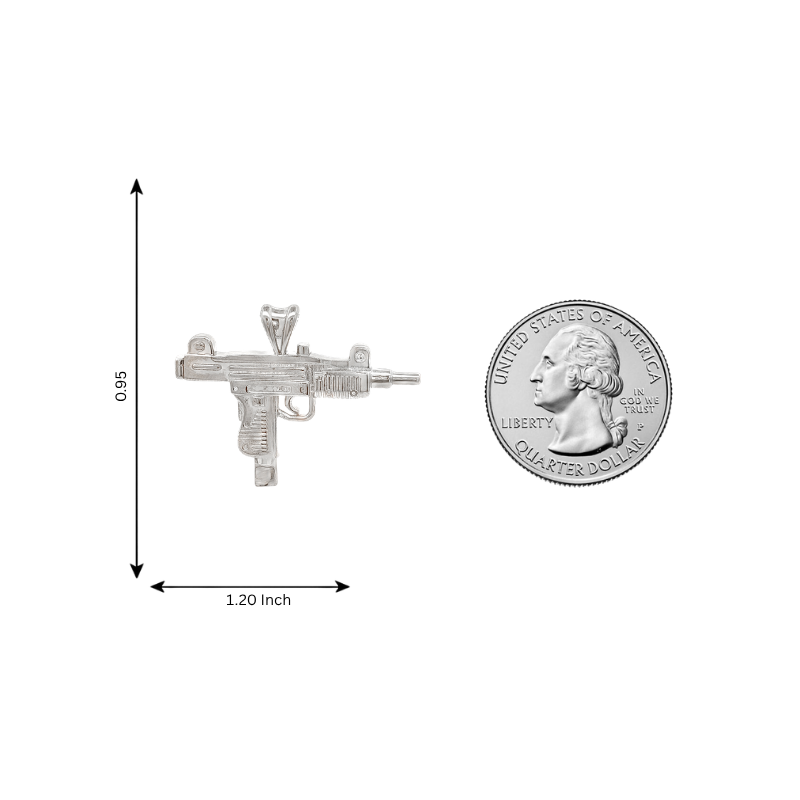 925 silver men's gun pendant next to quarter for size, modern detailed design.