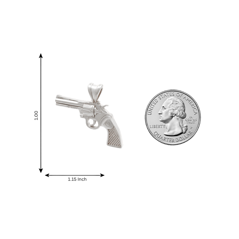 .925 silver revolver pendant with detailed grip and barrel, next to US quarter for size comparison.