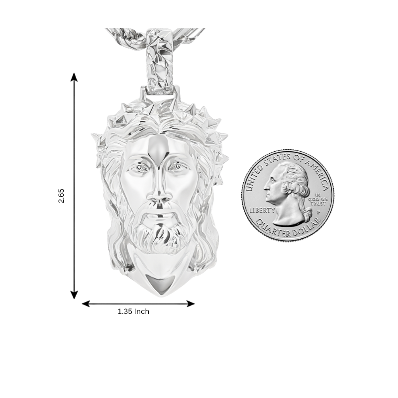 925 silver Jesus head pendant with spiked crown and Milano rope chain, polished finish.