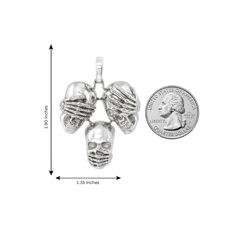 .925 Silver See No Evil, Hear No Evil, Speak No Evil Skull Glossy Pendant 70971