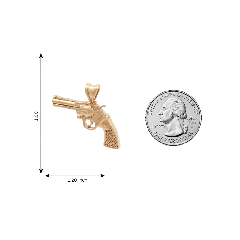 14K yellow gold revolver pendant men's jewelry next to a quarter for size comparison.
