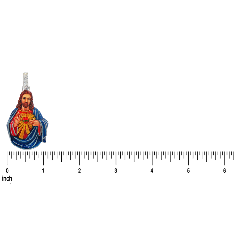 Silver enamel pendant depicting Jesus with a burning Sacred Heart, blue and red details.