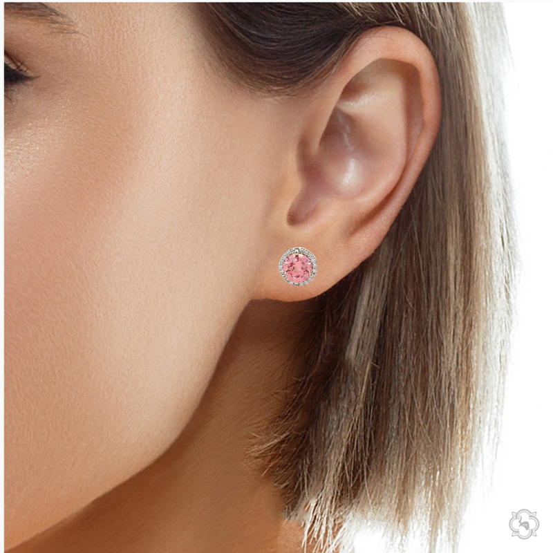 Round pink center diamond stud earrings with white gold halo setting.
