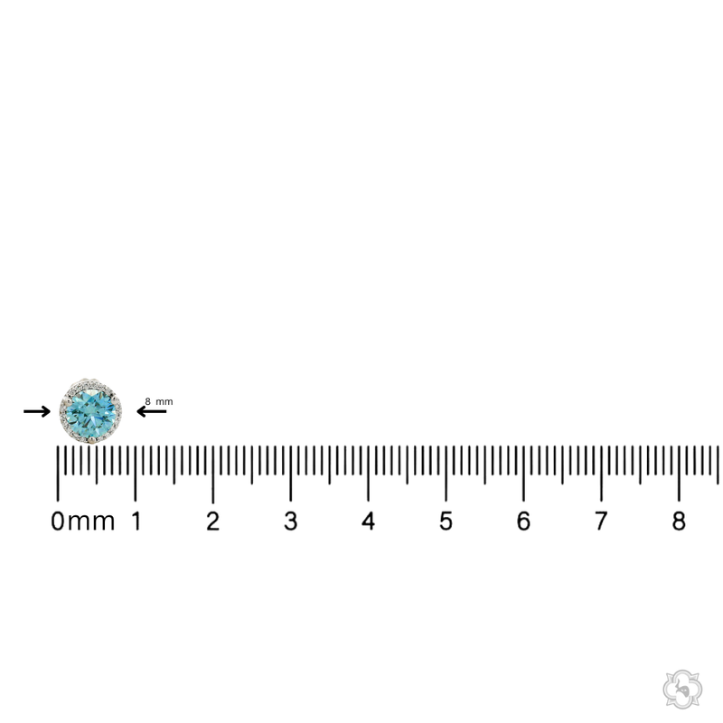 Round blue gemstone stud earrings with diamond halo in white gold setting.