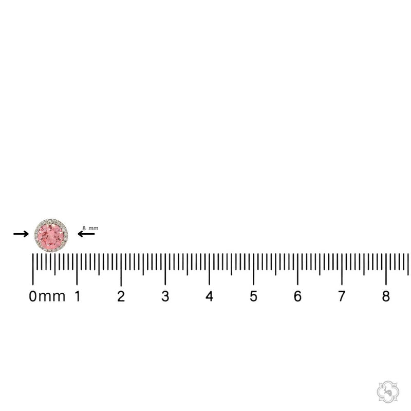 Round pink center diamond stud earrings with white gold halo setting.