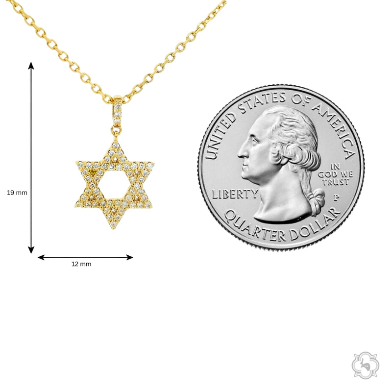 Yellow gold Star of David pendant necklace adorned with small diamonds on a delicate chain.
