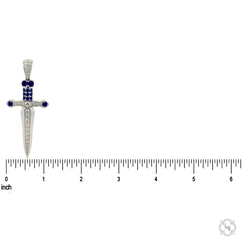 Silver sword pendant with blue sapphires and sparkling diamonds detailing.
