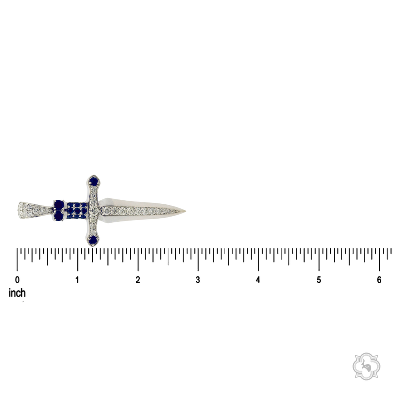 Silver sword pendant with blue sapphires and sparkling diamonds detailing.