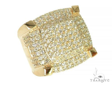 Yellow gold men's ring with large square pave diamond face raised on corner prongs