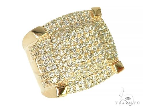 Yellow gold men's ring with large square pave diamond face raised on corner prongs