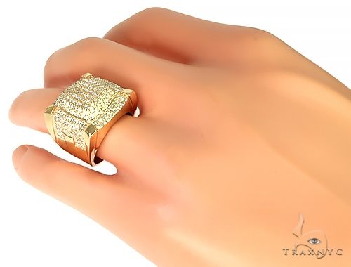 Yellow gold men's ring with a large square diamond pave setting and corner prongs
