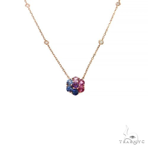 Yellow gold necklace with sapphire and pink diamond flower pendant