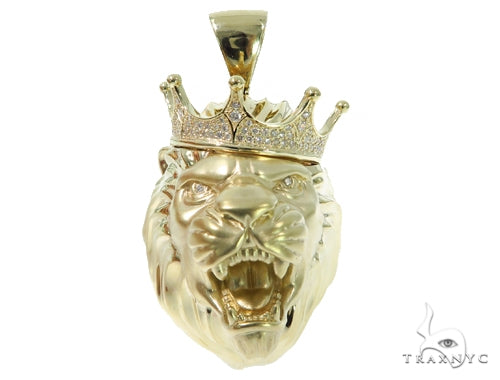 Large yellow gold lion head pendant with crown and diamond accents for men
