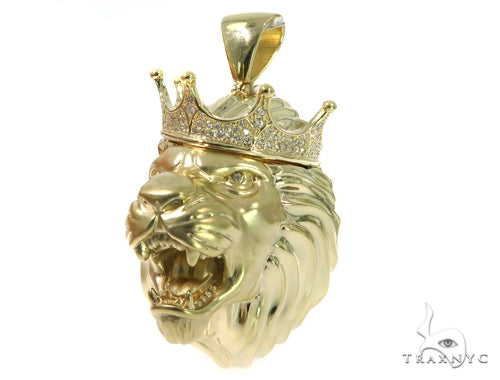 Yellow gold lion head pendant with crown and diamond accents, bold men's statement jewelry