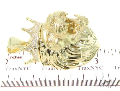 Large yellow gold lion head pendant with crown and diamond accents, men's statement jewelry