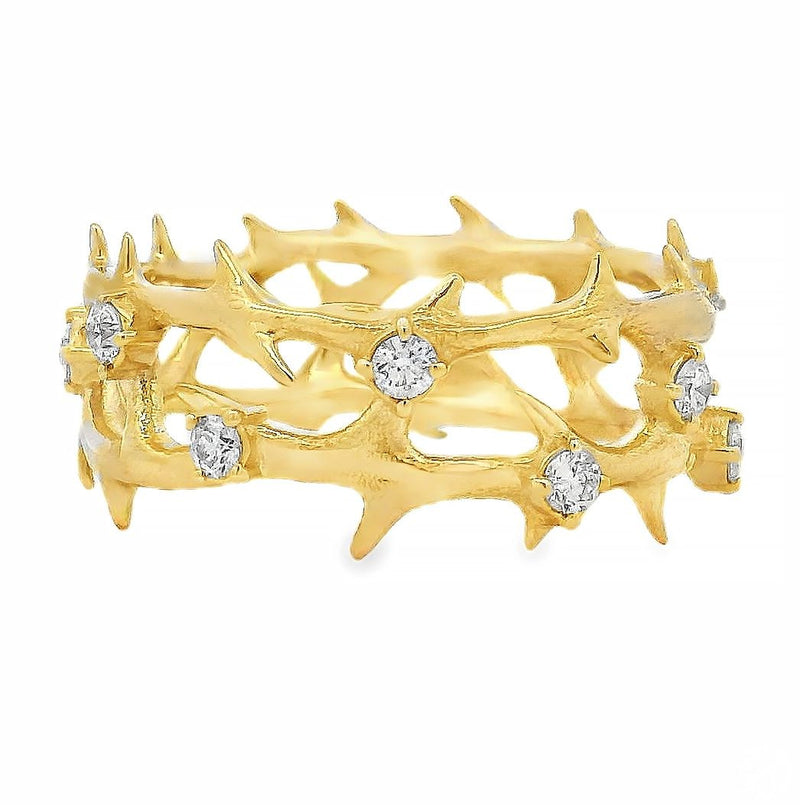 Yellow gold crown of thorns ring with round diamonds set in a thorned band design