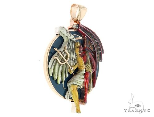 14K yellow gold pendant featuring detailed angel and demon figures in contrasting colors