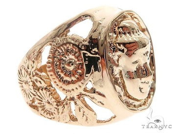 Custom mens 14k yellow gold Buddha ring – sculptural figural design, three-quarter angle view