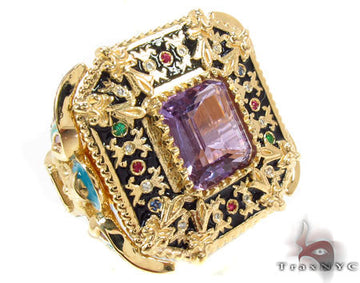 18K yellow gold custom ring with purple amethyst center and carved angel detail